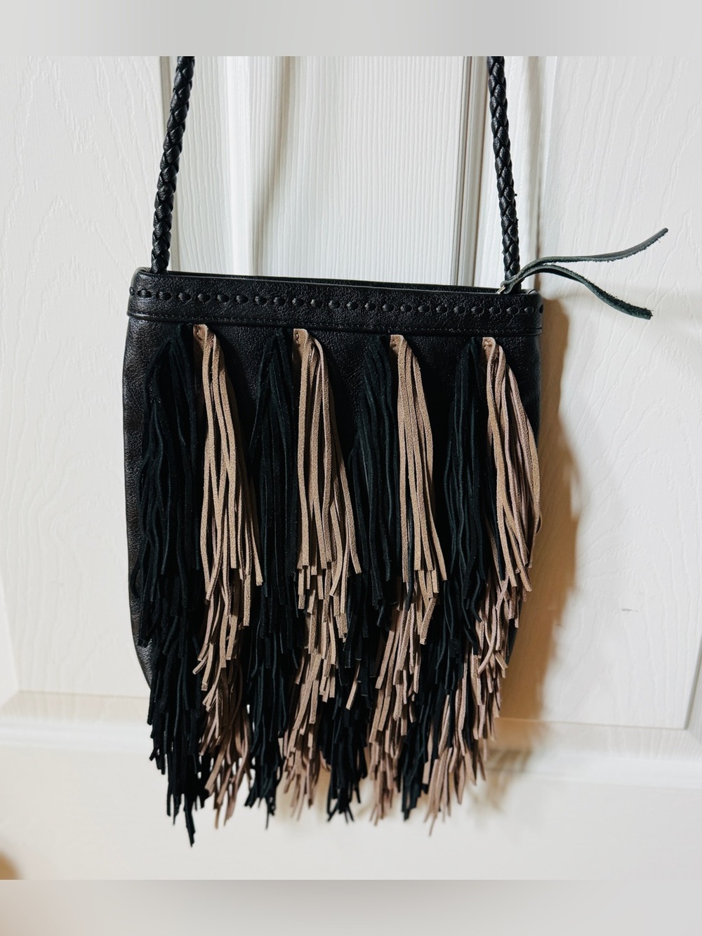 Sam Edelman Jane Black Brown Fringed Leather Crossbody Shoulder Bag Purse